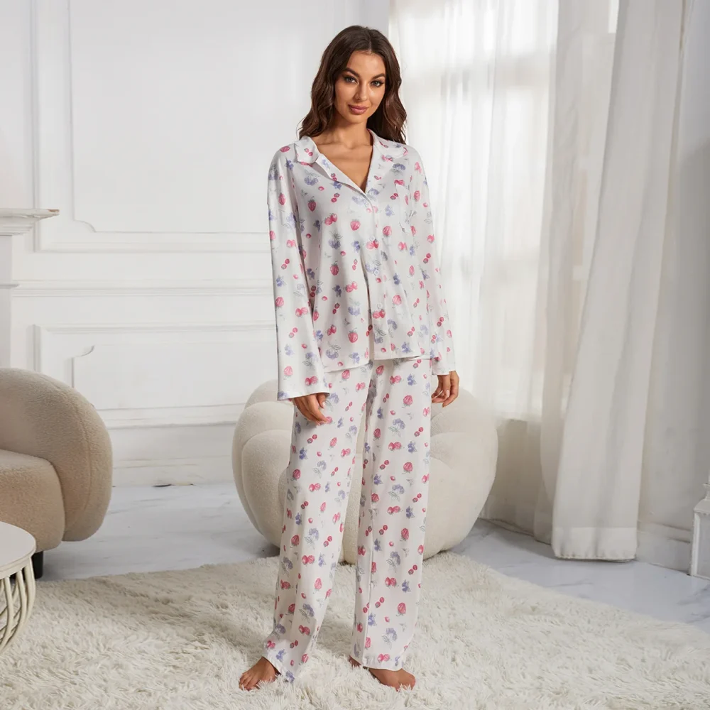 Custom Printed Casual Comfortable 2 Piece Nightwear Long Loose Home Wear Cotton Pyjama Satin Silk Women Pajamas - Image 22