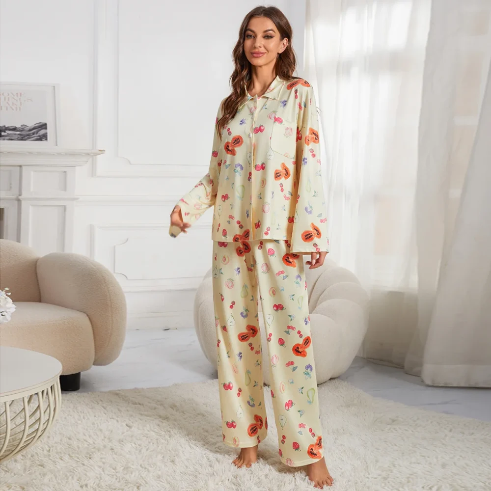 Custom Printed Casual Comfortable 2 Piece Nightwear Long Loose Home Wear Cotton Pyjama Satin Silk Women Pajamas - Image 30