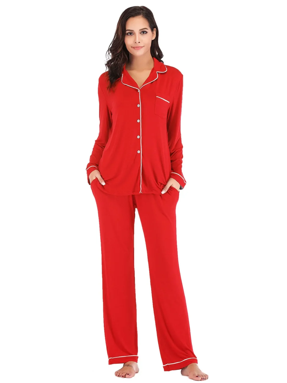 In Stock Ladies Luxury Home Wear 2 Piece Loungewear Cotton Modal Sleepwear Soft Pajamas for Women With Pockets - Image 34